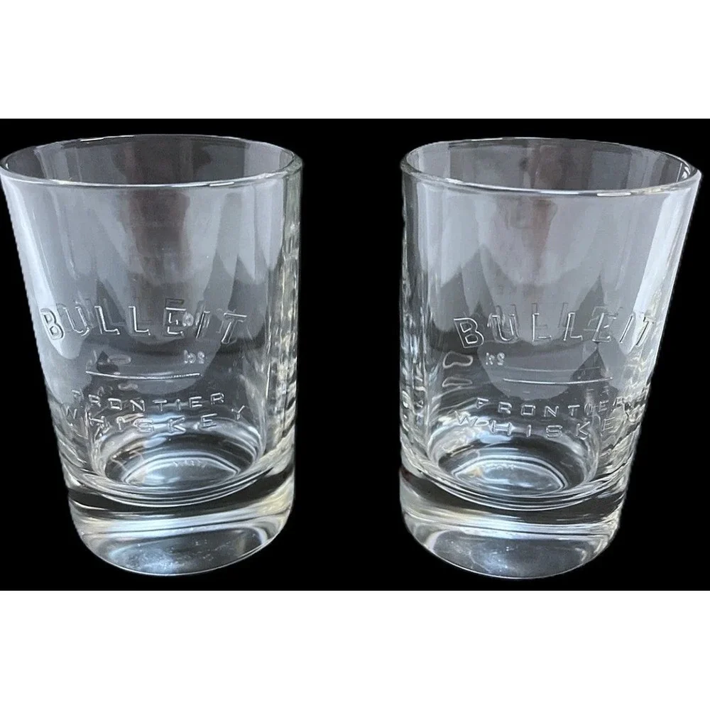 2 Oval BULLEIT BOURBON FRONTIER WHISKEY Glasses Raised Type Design NOS Pair